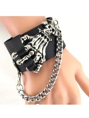 Cuff bracelet Skull Skeleton Bones Leather Hand Chain Wrist Goth Edgy Rock Biker